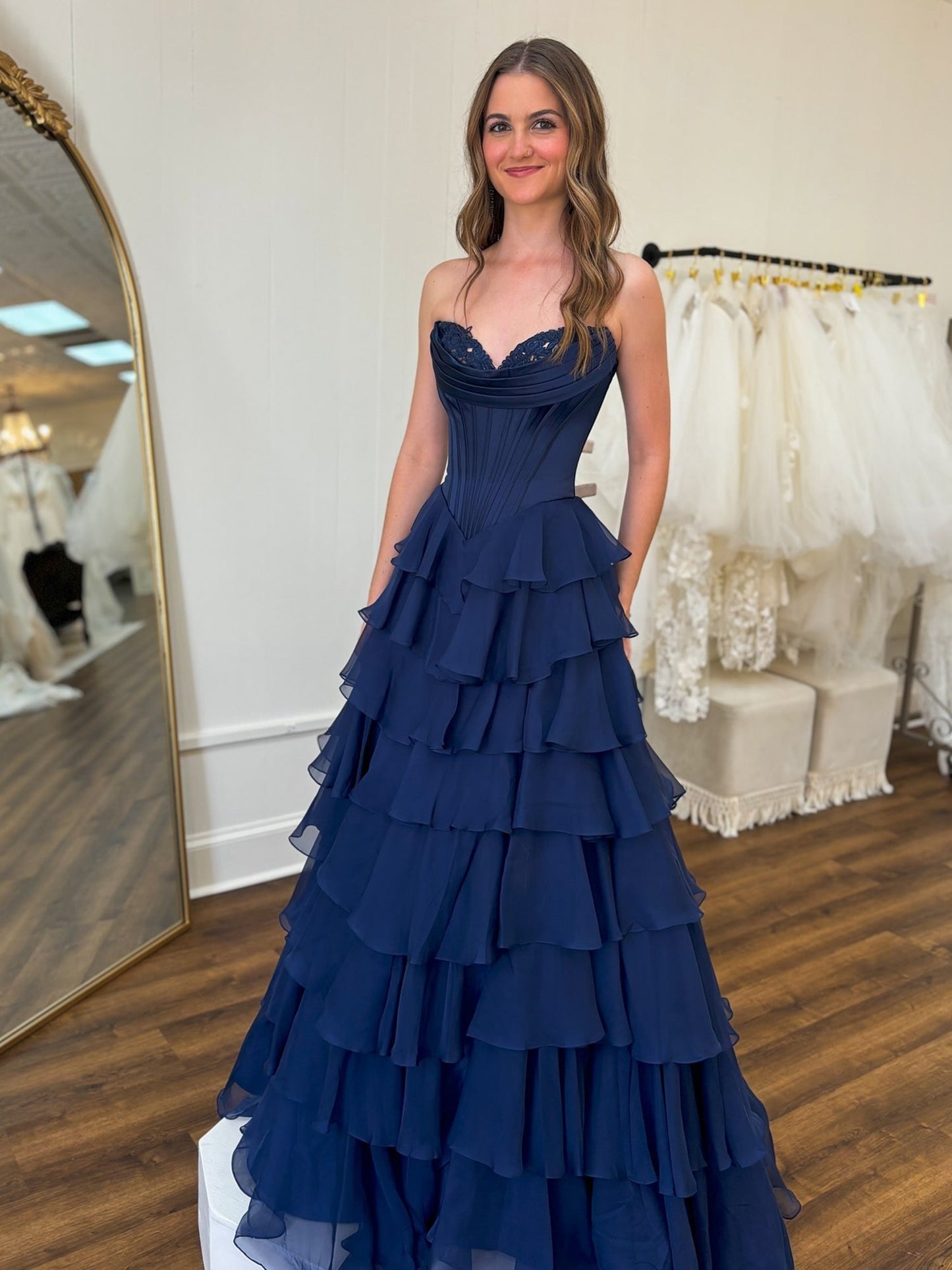 Yellow Sweetheart Ruffle Chiffon Tiered Long Prom Dresses