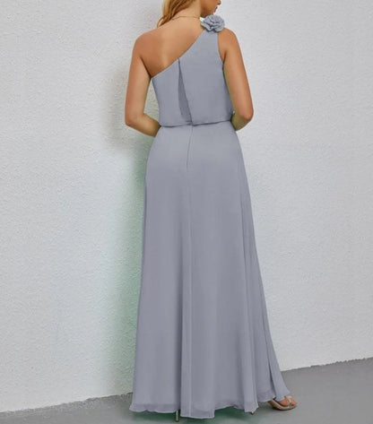 One Shoulder Sleeveless Long Bridesmaid Dresses A-line Formal Evening Gown Side Split