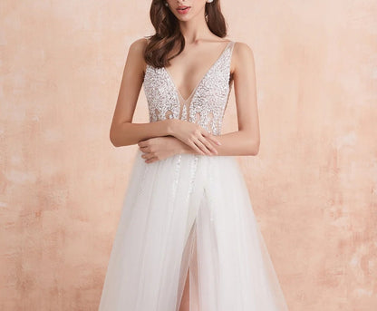 V Neck Wedding Dress White Ivory Sexy High Splits Beaded Beading Pearls Crystal A Line Backless Bridal Gown Vestido