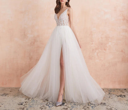 V Neck Wedding Dress White Ivory Sexy High Splits Beaded Beading Pearls Crystal A Line Backless Bridal Gown Vestido