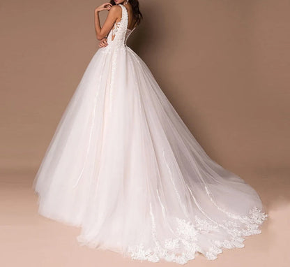 V-neck Sleeveless Wedding Dresses Vestidos Custom Design Sleeveless Beading Applique Ball Gown Wedding Dress