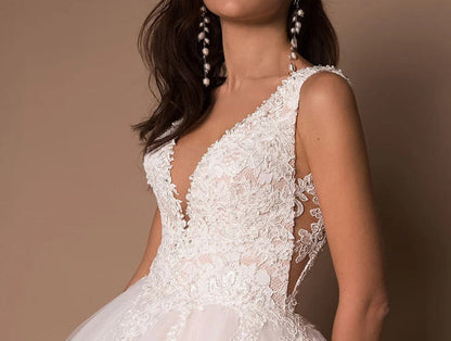 V-neck Sleeveless Wedding Dresses Vestidos Custom Design Sleeveless Beading Applique Ball Gown Wedding Dress