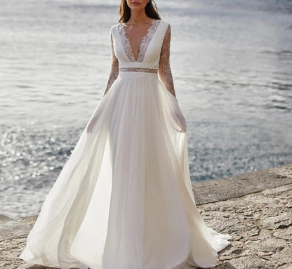 Bohemian Wedding Dress Long Sleeve V-Neck Floor Length Chiffon A-Line lace Back Bridal Gowns With Belt Charming For Women