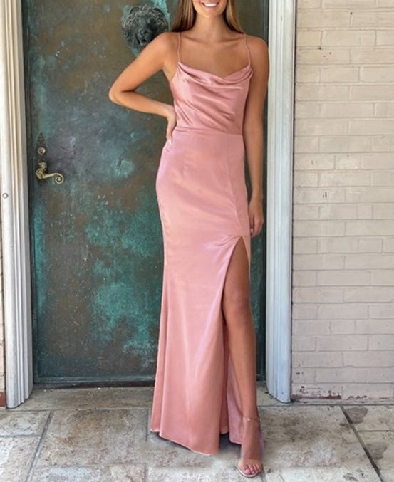 Pink Sheath/Column Ruched Prom Dresses With Criss-Cross Straps