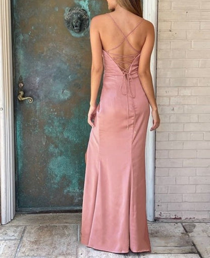 Pink Sheath/Column Ruched Prom Dresses With Criss-Cross Straps