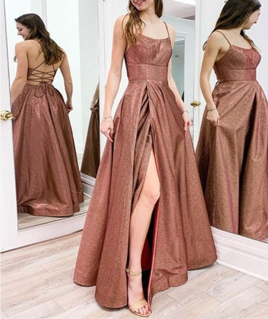 A-Line Spaghetti Straps Prom Dresses With Slits And Open Back