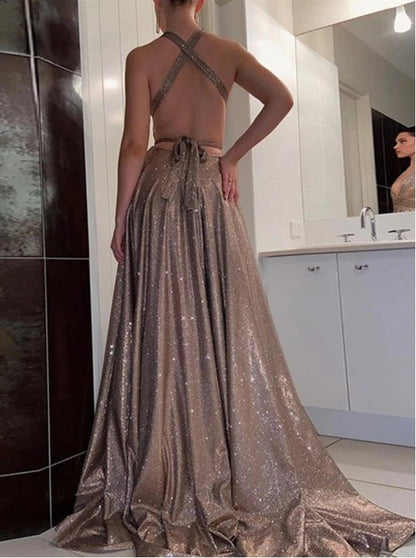 Elegant A-Line Deep V-Neck Split Front Backless Prom Gowns