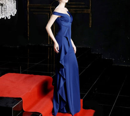 Royal Blue Off The Shoulder Split Front Prom Dresses With Cascading Ruffles