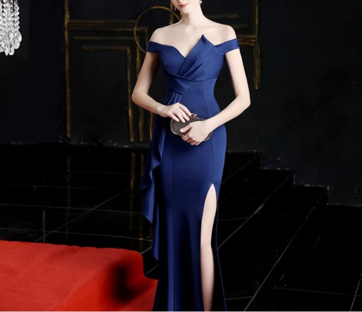 Royal Blue Off The Shoulder Split Front Prom Dresses With Cascading Ruffles