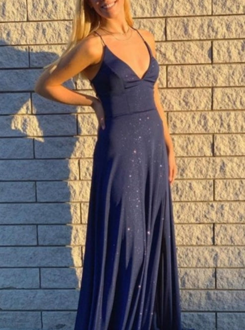 Navy Blue Sequin V-Neck Evening Dresses With Criss-Cross Straps