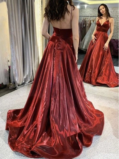 Burgundy A-Line Spaghetti Straps V-Neck Long Backless Prom Dresses