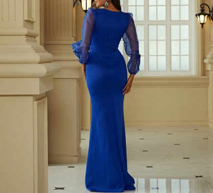 Elegant Royal Blue Mermaid / Trumpet Prom Dress With Sheer Sleeves