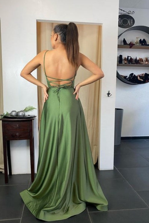 Green A-Line Long Satin Split Front Prom Dress With Criss-Cross Straps