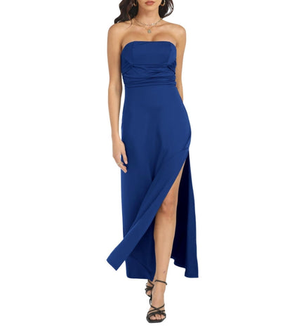 Navy Blue Womens Tube Top Maxi Long Prom Dresses Strapless Halter Satin Slit Formal Wedding Guest Dress