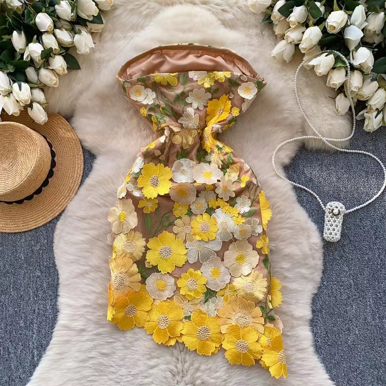 New Sleeveless Waist Slimming Floral Embroidery Design Irregular Strapless Dress HZ1024