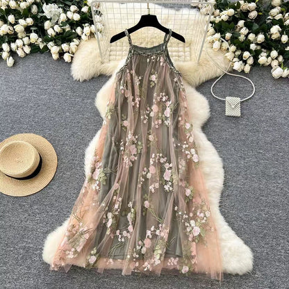 Simple Floral Embroidery Slimming Mesh Dress HZ1024