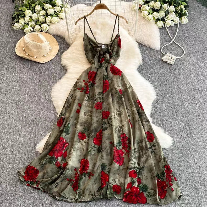 New Women Simple Fashion Spaghetti Strap High Waist Floral Dress HZ1024