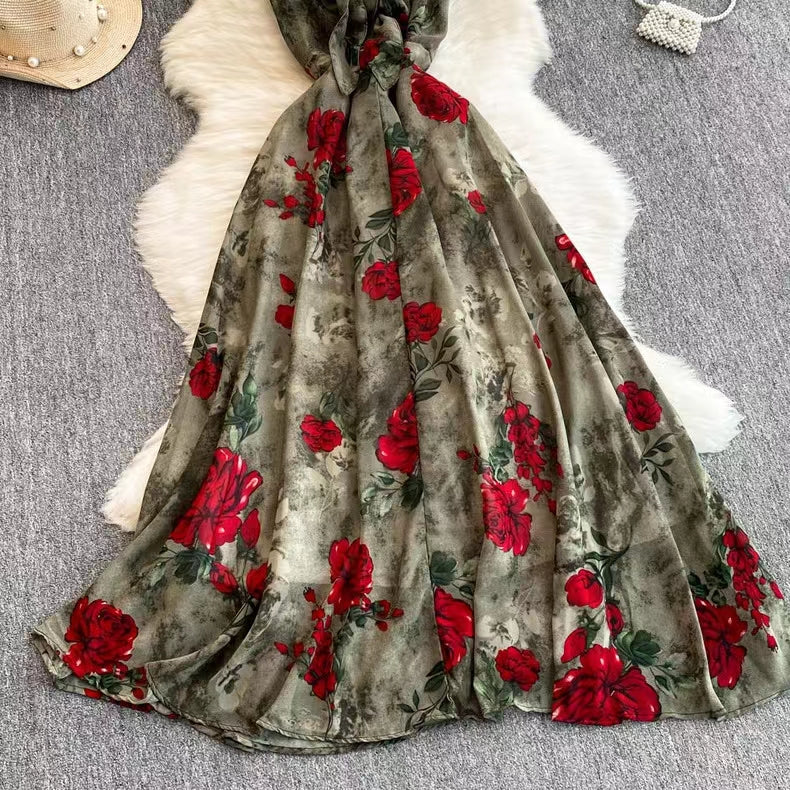 New Women Simple Fashion Spaghetti Strap High Waist Floral Dress HZ1024