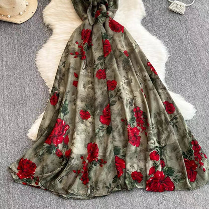 New Women Simple Fashion Spaghetti Strap High Waist Floral Dress HZ1024