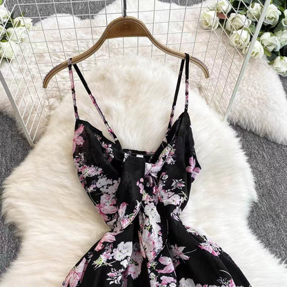 New Women Simple Fashion Spaghetti Strap High Waist Floral Dress HZ1024