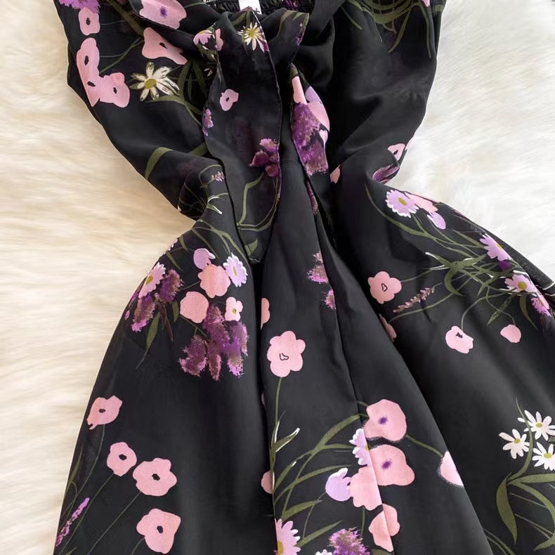 New Women Simple Fashion Spaghetti Strap High Waist Floral Dress HZ1024