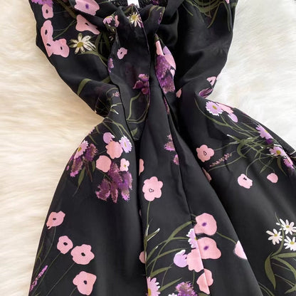 New Women Simple Fashion Spaghetti Strap High Waist Floral Dress HZ1024