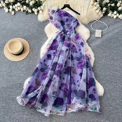 Elegant Diagonal Shoulder Three-dimensional Lace Printed Floral Mesh Dress HZ1024