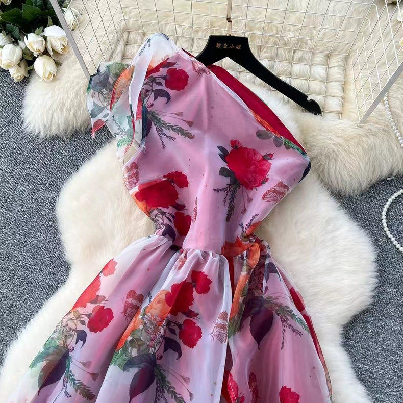 Elegant Diagonal Shoulder Three-dimensional Lace Printed Floral Mesh Dress HZ1024