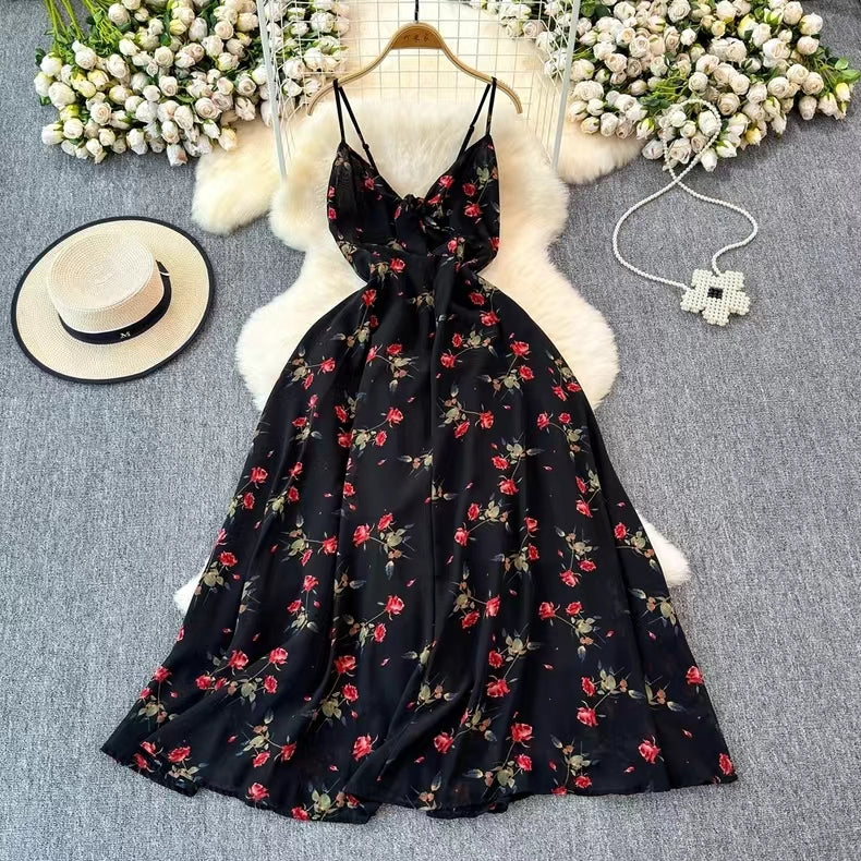 Boho Style V-neck Spaghetti Strap High-waisted Colorful Floral Dress HZ1024