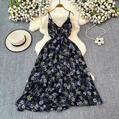 Boho Style V-neck Spaghetti Strap High-waisted Colorful Floral Dress HZ1024
