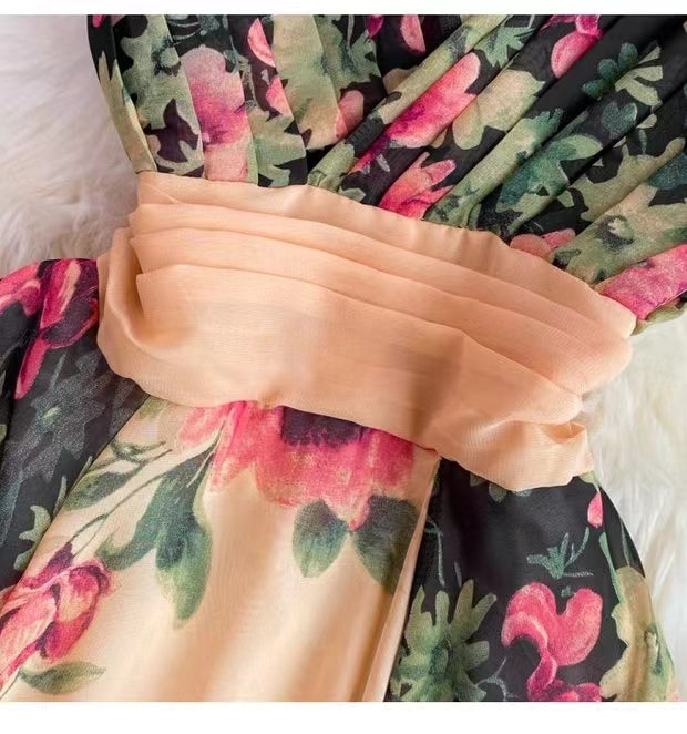 New Stylish Elegant V-neck High-waisted Floral Dress HZ1024