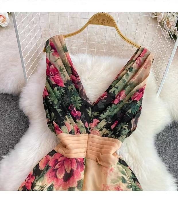 New Stylish Elegant V-neck High-waisted Floral Dress HZ1024