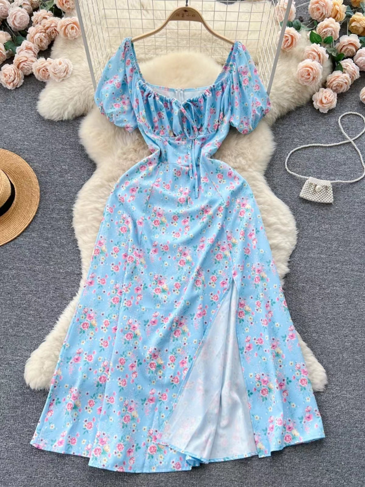 Vintage Simple Square Collar Puffed Sleeves Floral Dress HZ1024