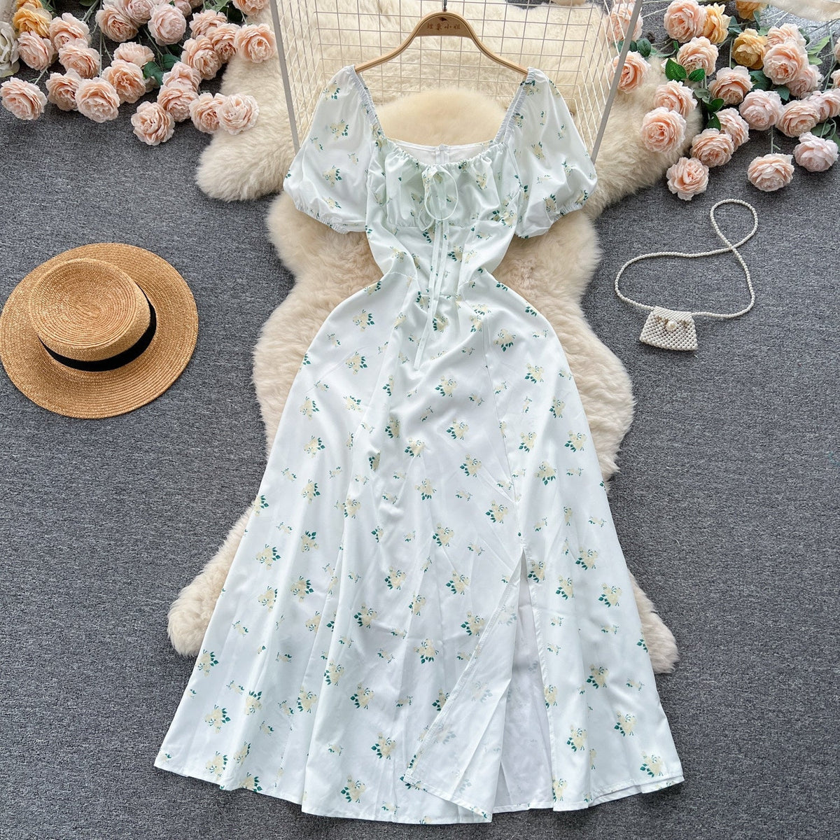 Vintage Simple Square Collar Puffed Sleeves Floral Dress HZ1024