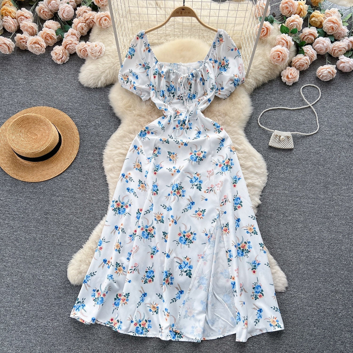 Vintage Simple Square Collar Puffed Sleeves Floral Dress HZ1024