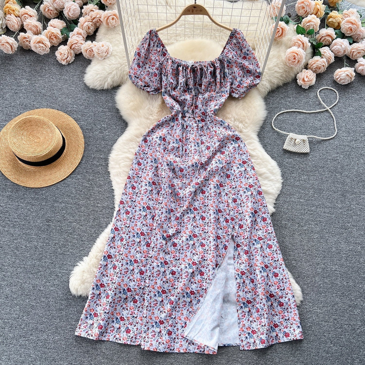 Vintage Simple Square Collar Puffed Sleeves Floral Dress HZ1024