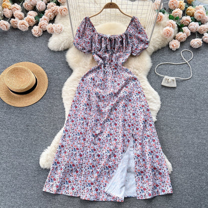 Vintage Simple Square Collar Puffed Sleeves Floral Dress HZ1024