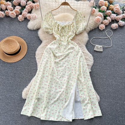 Vintage Simple Square Collar Puffed Sleeves Floral Dress HZ1024