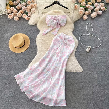 Seaside Holiday Sexy Halter top Mermaid Floral Skirt Two-piece Set HZ1024