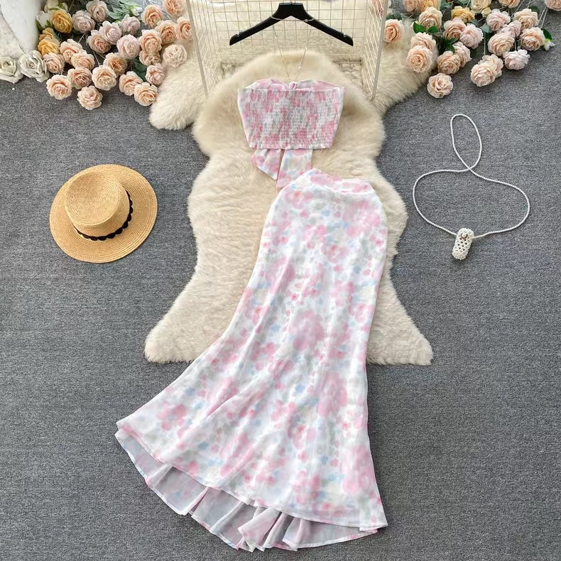Seaside Holiday Sexy Halter top Mermaid Floral Skirt Two-piece Set HZ1024