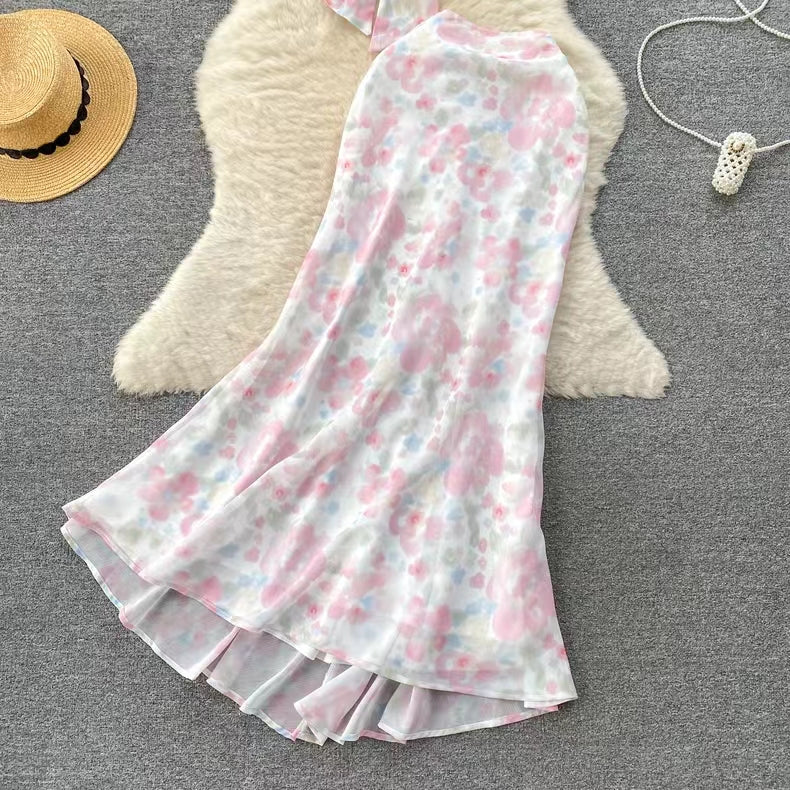 Seaside Holiday Sexy Halter top Mermaid Floral Skirt Two-piece Set HZ1024