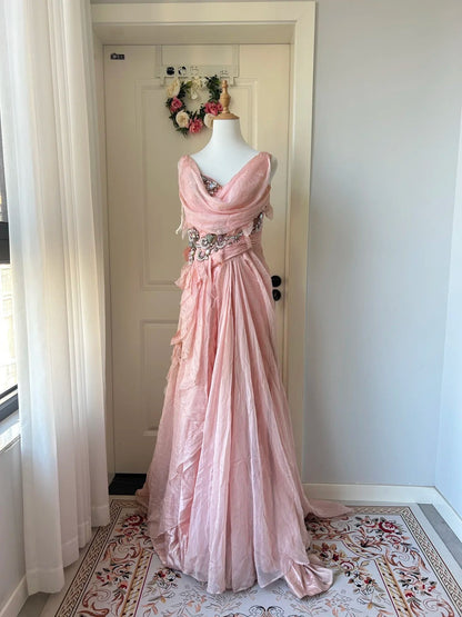 Vintage Pink A-line Rhinestone Beaded Chiffon Long Prom Dress Evening Dress cc5345