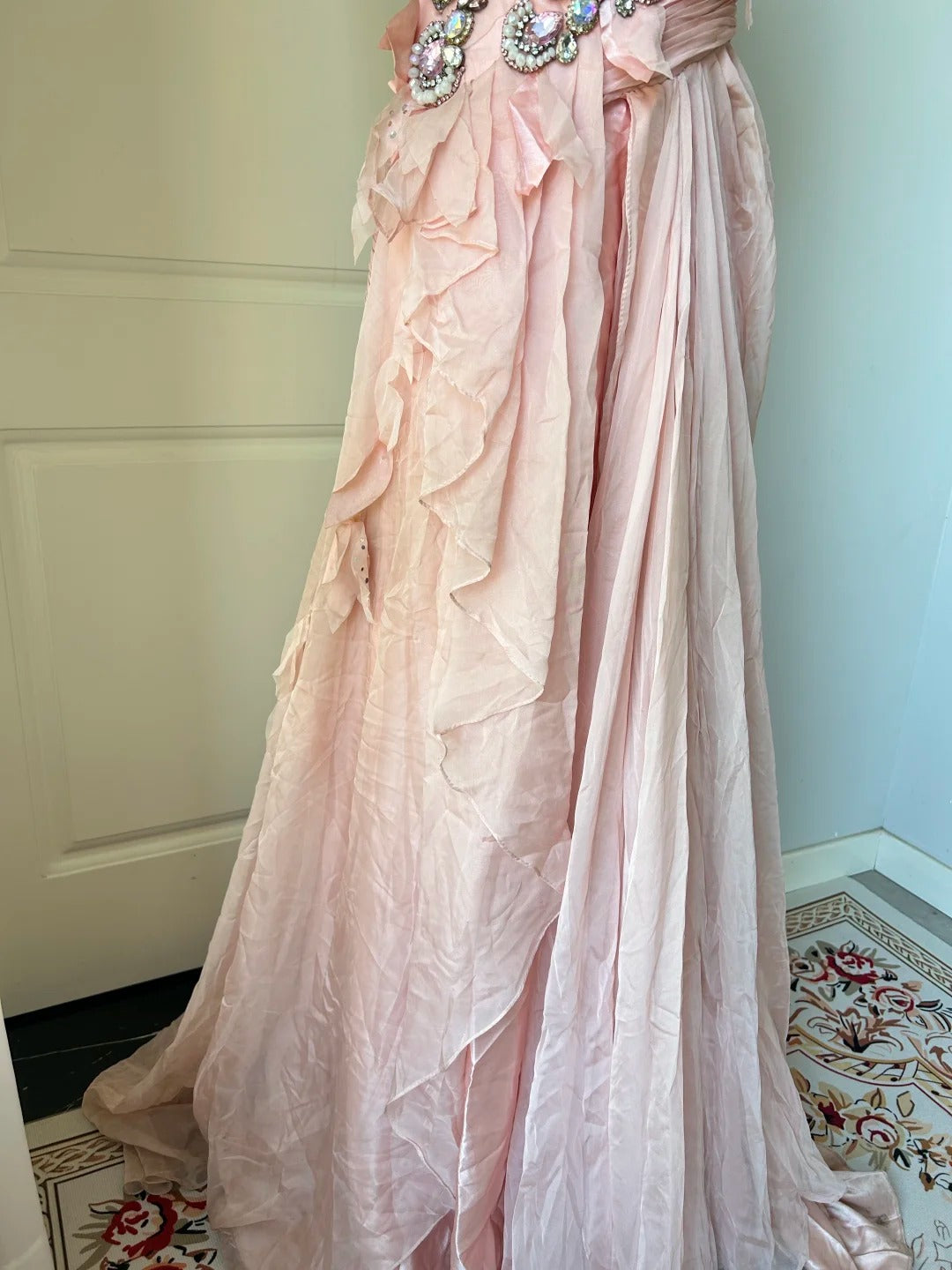 Vintage Pink A-line Rhinestone Beaded Chiffon Long Prom Dress Evening Dress cc5345