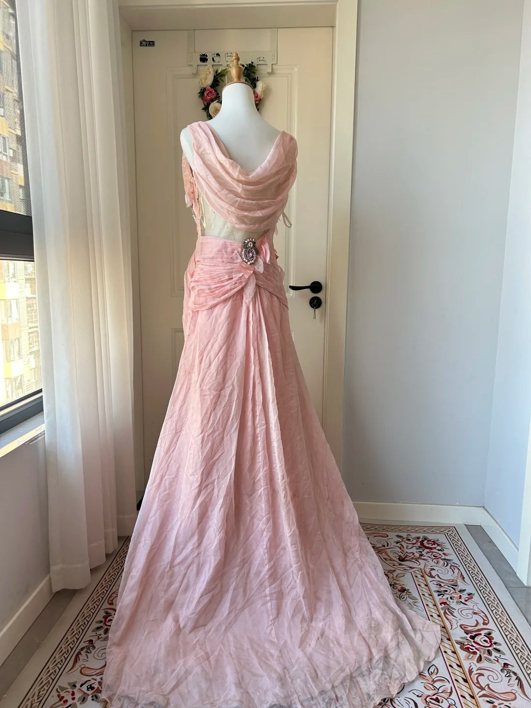 Vintage Pink A-line Rhinestone Beaded Chiffon Long Prom Dress Evening Dress cc5345