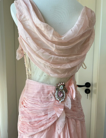 Vintage Pink A-line Rhinestone Beaded Chiffon Long Prom Dress Evening Dress cc5345