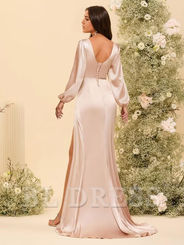A-line V Neck Long Sleeve Satin Pleated formal dresses Bridesmaid Dresses evening gown Prom Dress with Slit