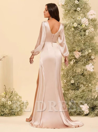 A-line V Neck Long Sleeve Satin Pleated formal dresses Bridesmaid Dresses evening gown Prom Dress with Slit