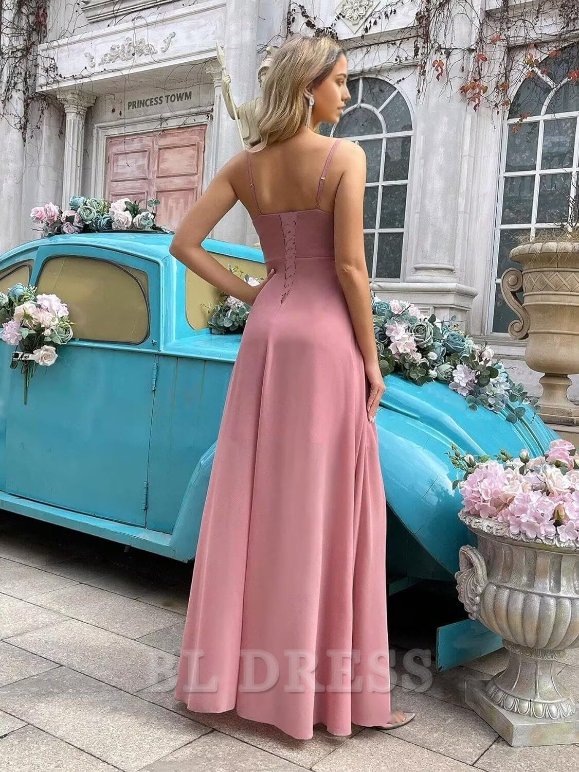 A-line Spaghetti Straps Chiffon Slit formal dresses Bridesmaid Dresses evening gown Prom Dress