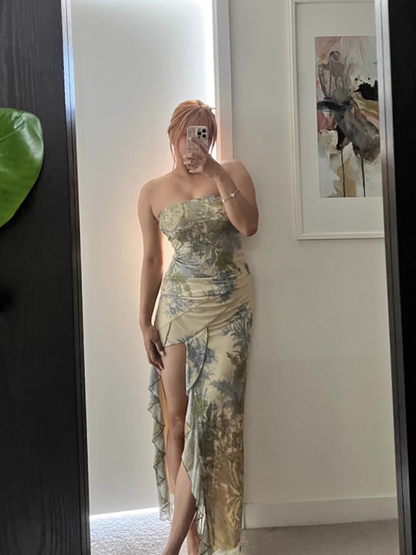 Sweet Strapless Floral Design Irregular Hem A-line Women Dress HZ1024