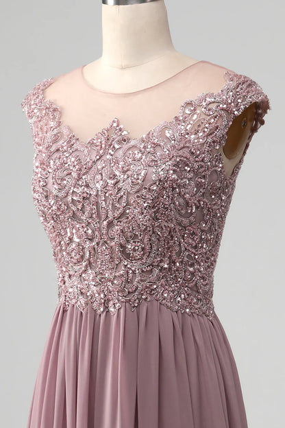 A-line Beaded Chiffon Round Neck Maxi Mother of the Bride Dress
